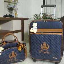 Mamãe e Bebê Mala e Bolsa Maternidade Azul e Caramelo