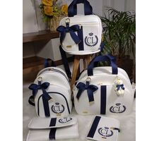 Kit Bolsas Maternidade Perolizado Branco com Azul Marinho