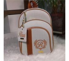 Mochila Luxo Maternidade Linho Bege com Caramelo