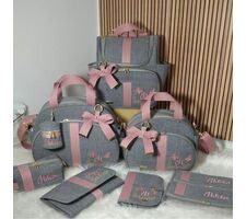  Bolsas para Bebe Personalizadas Linho Cinza com Rose