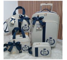 BOLSAS PARA MATERNIDADE LINHO  CRU COM AZUL MARINHO