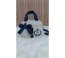 BOLSAS PARA MATERNIDADE LINHO  CRU COM AZUL MARINHO - 76850